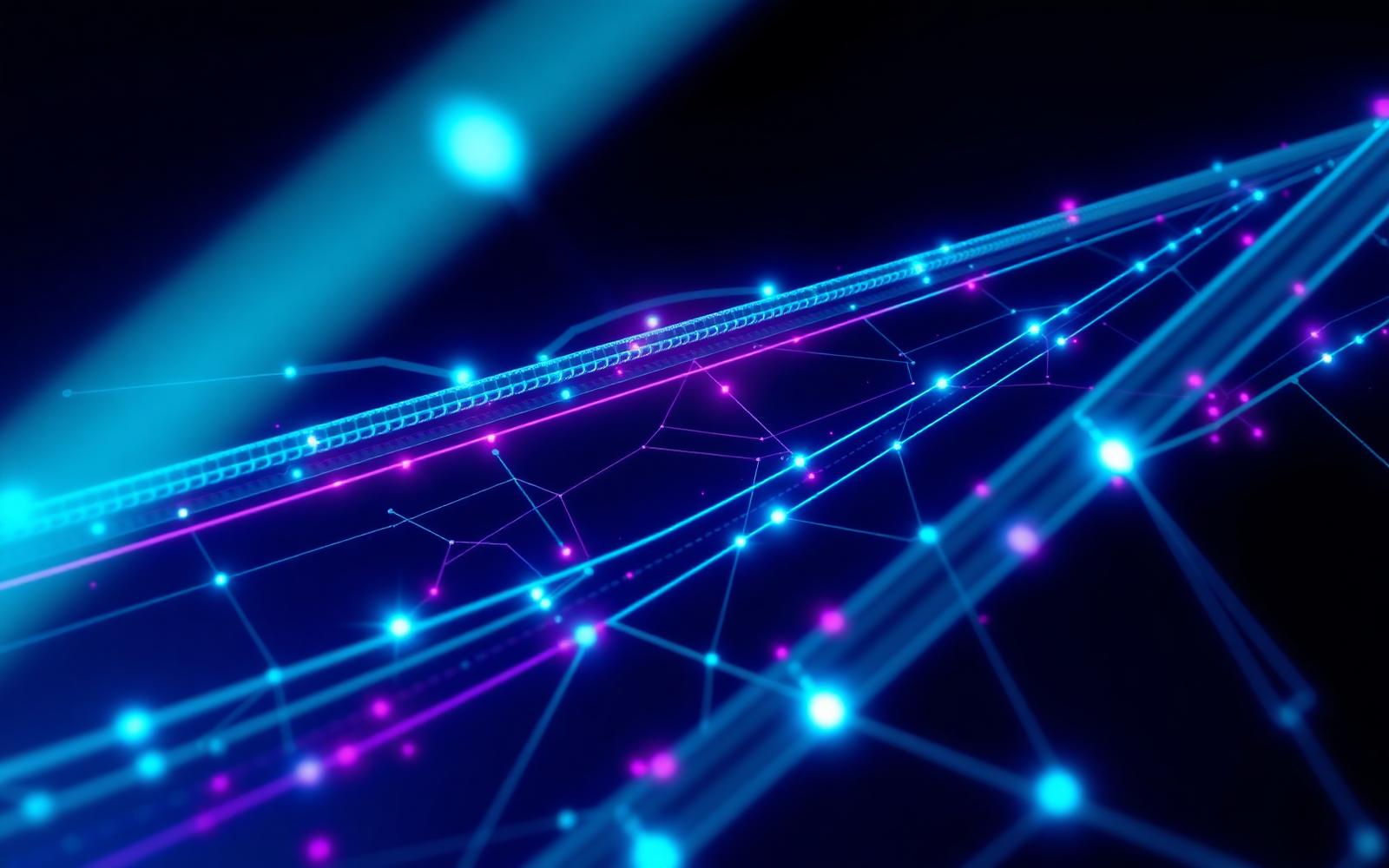 Abstract neon network of data nodes representing modern software infrastructure